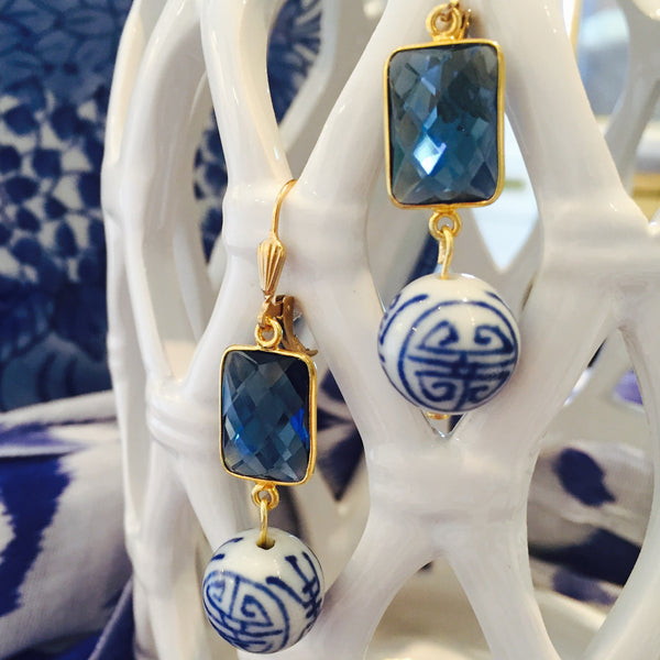 Blue Quartz Hand Painted Porcelain Drop Earrings
